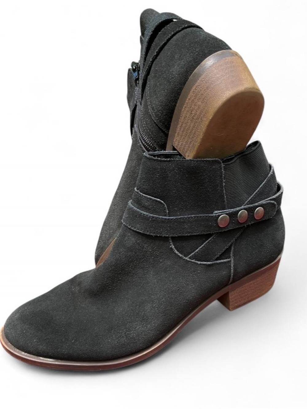 Gemmy Black Suede Ankle Boots with Strap and Stud Detail